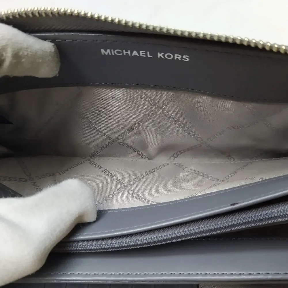 Michael Kors Gray Crossgrain Leather Zip Around Credit Card Wallet